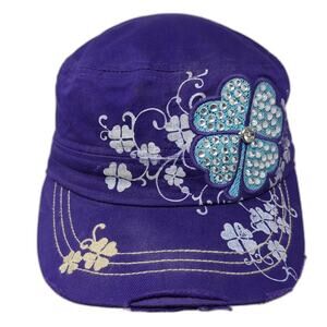 Leather Cadet Army Cap Purple One Size Stretch Embroidered Floral Distressed